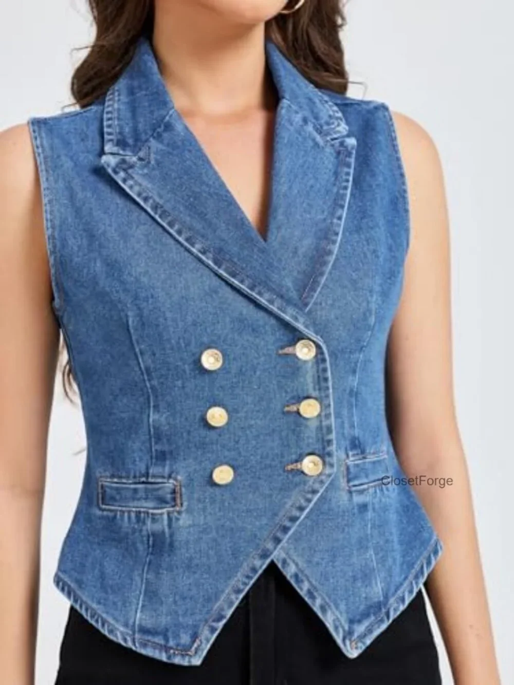 Slim Fit Sleeveless Denim Vest with Lapel Collar and V Hem